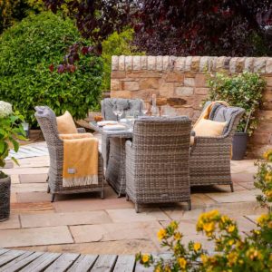 6 Seat Rattan Garden Dining Set With Rectangular Table in Grey With Fire Pit - Riviera - Rattan Direct