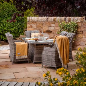 6 Seater Rattan Garden Dining Set With Round Table in Grey With Fire Pit - Riviera - Rattan Direct