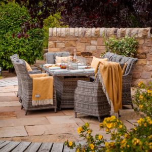 8 Seat Rattan Garden Dining Set With Rectangular Table in Grey With Fire Pit - Riviera - Rattan Direct