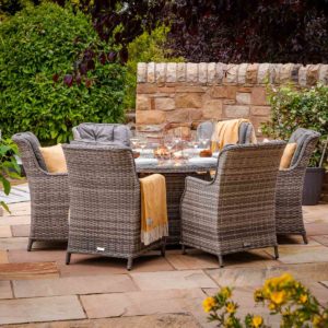 6 Seat Rattan Garden Dining Set With Round Table in Grey With Fire Pit - Riviera - Rattan Direct
