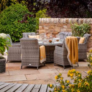 Rattan Garden Set with 6 Chairs & Large Round Fire Pit Dining Table in Grey - Riviera - Rattan Direct