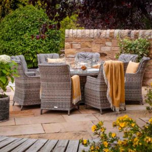 8 Seater Rattan Garden Dining Set With Large Round Table in Grey With Fire Pit - Riviera - Rattan Direct