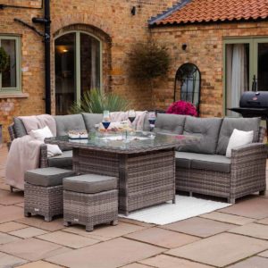 Rattan Garden Corner Dining Set With Fire Pit Table in Grey - Sorrento - Rattan Direct