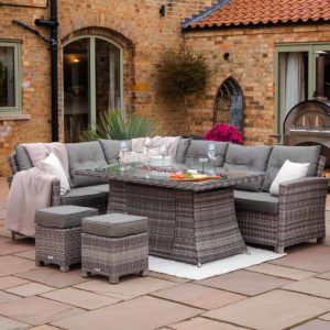 Rattan Garden Corner Dining Set With Rectangular Fire Pit Table in Grey - Sorrento - Rattan Direct